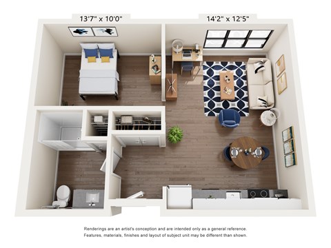 Floor plan for studio, 1 bath, 621 sqft
